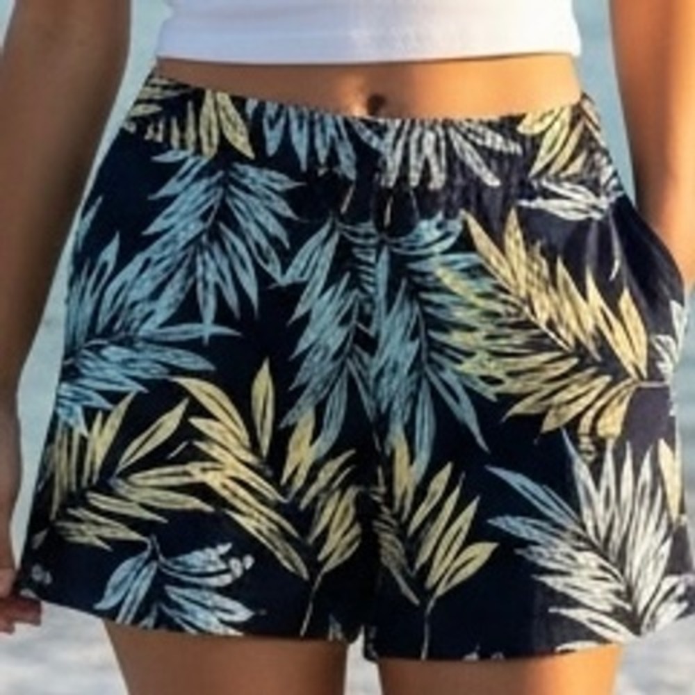 Navy Blue Tropical Palm Leaf Shorts Womens Size 12 Summer Beach Vacation Coastal